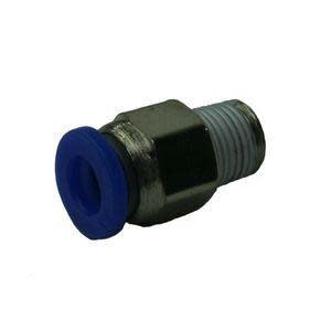 Small metal pneumatic adapter with a blue plastic push‑to‑connect opening on one side and a threaded male fitting on the other.