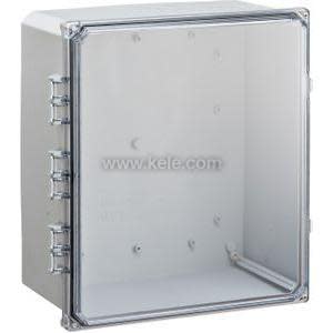 A big gray enclosure with a transparent front cover and a row of rectangular cable-entry ridges along the left edge, shown in a white setting.