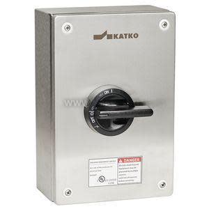 A metallic rectangular box featuring a black circular handle labelled on and off.