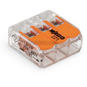 Clear plastic connector with three orange flip levers on top.