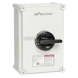 A white electrical box featuring a black rotary handle labeled off and on.
