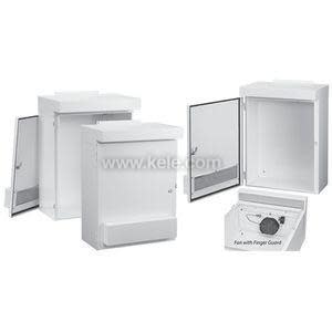 Multiple white electrical cabinets with vented base and a fan detail