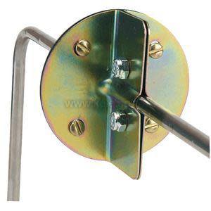 Round metal bracket with screws and an attached rod.