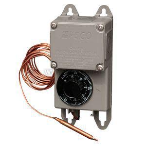 Rectangular grey control box with a large circular black dial on the front; a slender copper tube is coiled up and ends in a probe.