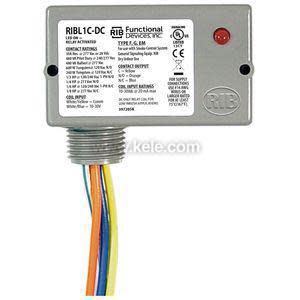 Small grey DC relay enclosure labeled RIBL1C-DC, featuring a red LED and colored wires exiting the bottom