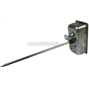 A slender metal temperature probe attached to a rectangular metal junction box, designed for insertion into air ducts