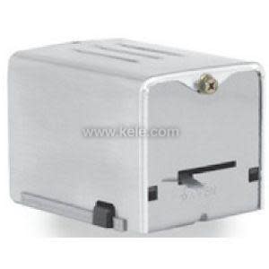 Silver metal box with rectangular slot on front and single screw at top center
