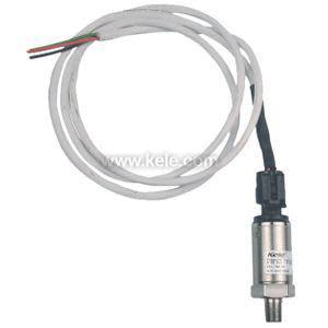 Small cylindrical metal pressure sensor with connector and long white cable with four exposed leads.