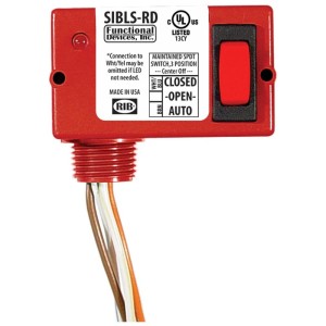 small red box with a rectangular red lever that can select closed, open or auto, plus wires