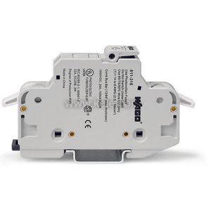 Gray plastic electrical terminal block with screw holes and printed labeling.