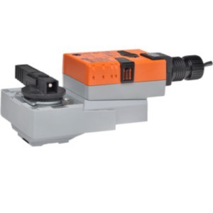 Small grey rotary valve actuator with orange housing and side-mounted black lever