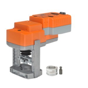 Orange actuator mounted on a metal bracket frame with a visible spring and two small adapter pieces