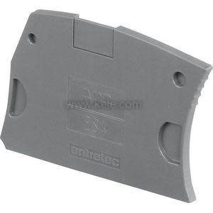 Grey plastic end plate with curved ends, two small holes and embossed lettering