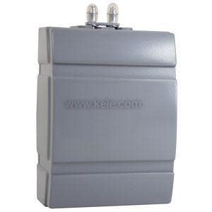 Boxy grey control housing with smooth front and two small metal connectors on the top