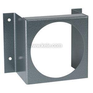 Grey bracket with round opening and side flanges with holes.