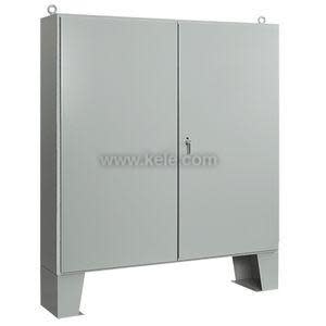 Large grey metal cabinet with two doors, a keyhole in the center, lift rings on the top and short supporting legs.