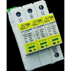 A surge protection assembly comprising three adjacent white modules labeled L1, L2 and L3, each with a yellow faceplate bearing the DR logo and technical specifications, shown against a dark background.