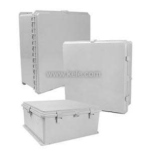 A group of light grey plastic boxes; one is open showing an empty interior and hinged lid, others are closed with secure latches.