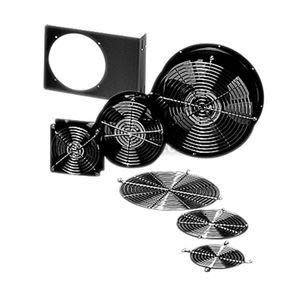 Set of circular wire fan guards in different sizes plus a square mounting bracket with a round cutout
