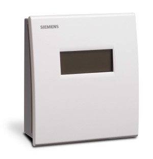 White square wall sensor with a dark rectangular screen cutout in the center and the Siemens logo on top