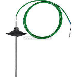 Metal rod sensor with a flat black disc at the top and a long green wire attached.