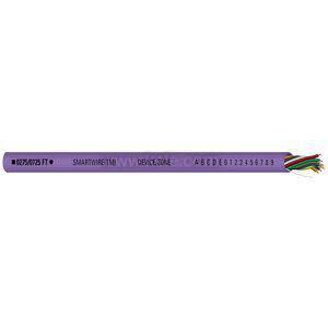 A slender purple rod‑like sensor labeled Smartwire and device zone, with letters and numbers printed along it and a bundle of multi‑colored wires at the end.