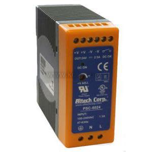 An elongated orange‑fronted power supply unit with several connection holes and a gray heat‑sink body designed for mounting on a DIN rail.