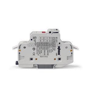 Small white circuit breaker with red switch lever mounted on a rail foot