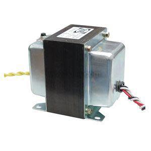 Rectangular metal transformer with black center core and two sets of twisted wire leads (yellow and red/white).