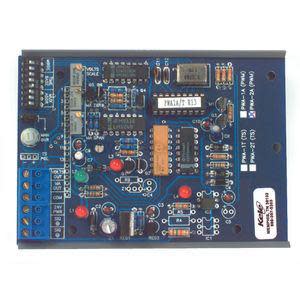 Blue circuit board with many resistors, IC chips, red and green LED indicators and blue screw terminal strip