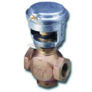 Bronze three‑way valve with silver actuator on top.