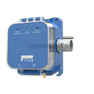 Compact blue pressure sensor with high/low ports, LEDs and mounting bracket.