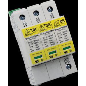 A three-part surge protection device with white housing and three yellow-labeled sections for each phase, with screws and terminals visible, set against a black background.