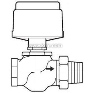 schematic of a valve with threaded connector on one side and barbed hose fitting on the other, topped by a rectangular actuator housing; arrow shows flow direction