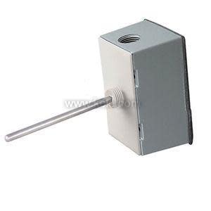 Square grey metal box with a thin metal tube protruding from one side and a round hole on top.