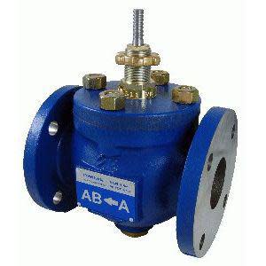 Blue flanged valve with rising stem for flow control.