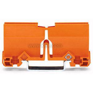 An orange two-section plastic electrical terminal block with a U-shaped groove in the middle and a metal clip at the base, shown against white.