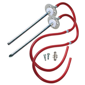 Kit with two metal tubes, red tubing and small hardware.