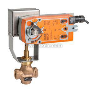 Brass ball valve body connected to an orange and grey rectangular actuator with wires