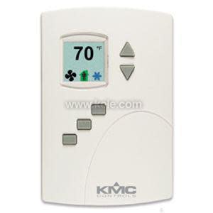 White thermostat with small LCD temperature display and four square buttons