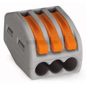 Small transparent connector with three orange flip levers and internal metal contacts