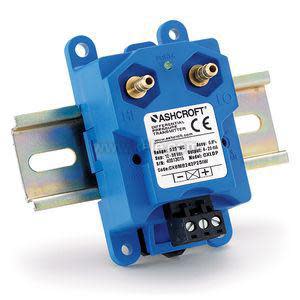 Blue rectangular device labeled Ashcroft with two small brass hose ports on top and an electrical connector on bottom.