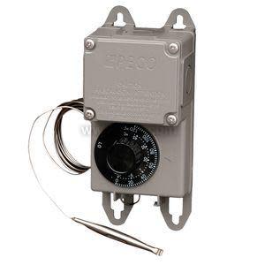 Grey rectangular control box with a large black knob; a copper tube coils around the side and ends in a slim sensor bulb.