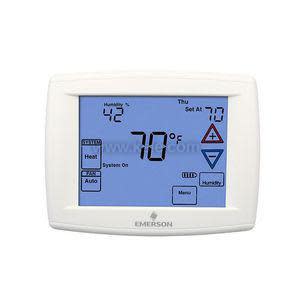 Blue-screen thermostat showing temperature, humidity and arrow controls on a white frame.