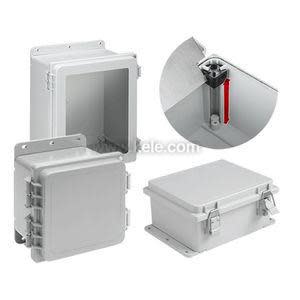 Small grey plastic enclosure shown open and closed with latches and gasket detail