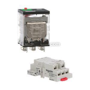 Clear relay with printed specifications paired with a black socket with coloured wires