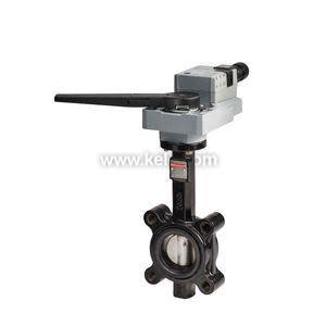 Circular flanged valve with a visible disc inside, topped by a grey actuator that has an extended handle for manual control.