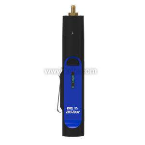 Black and blue handheld sensor with clip and brass fitting on top.