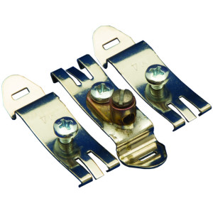 A set of three shiny metal mounting clips, each with a screw, and a central copper terminal for attaching a surge protection device