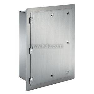 Rectangular brushed stainless steel flush-mount panel box with a flat flange and inset hinged door secured by screws, designed for mounting in a wall.